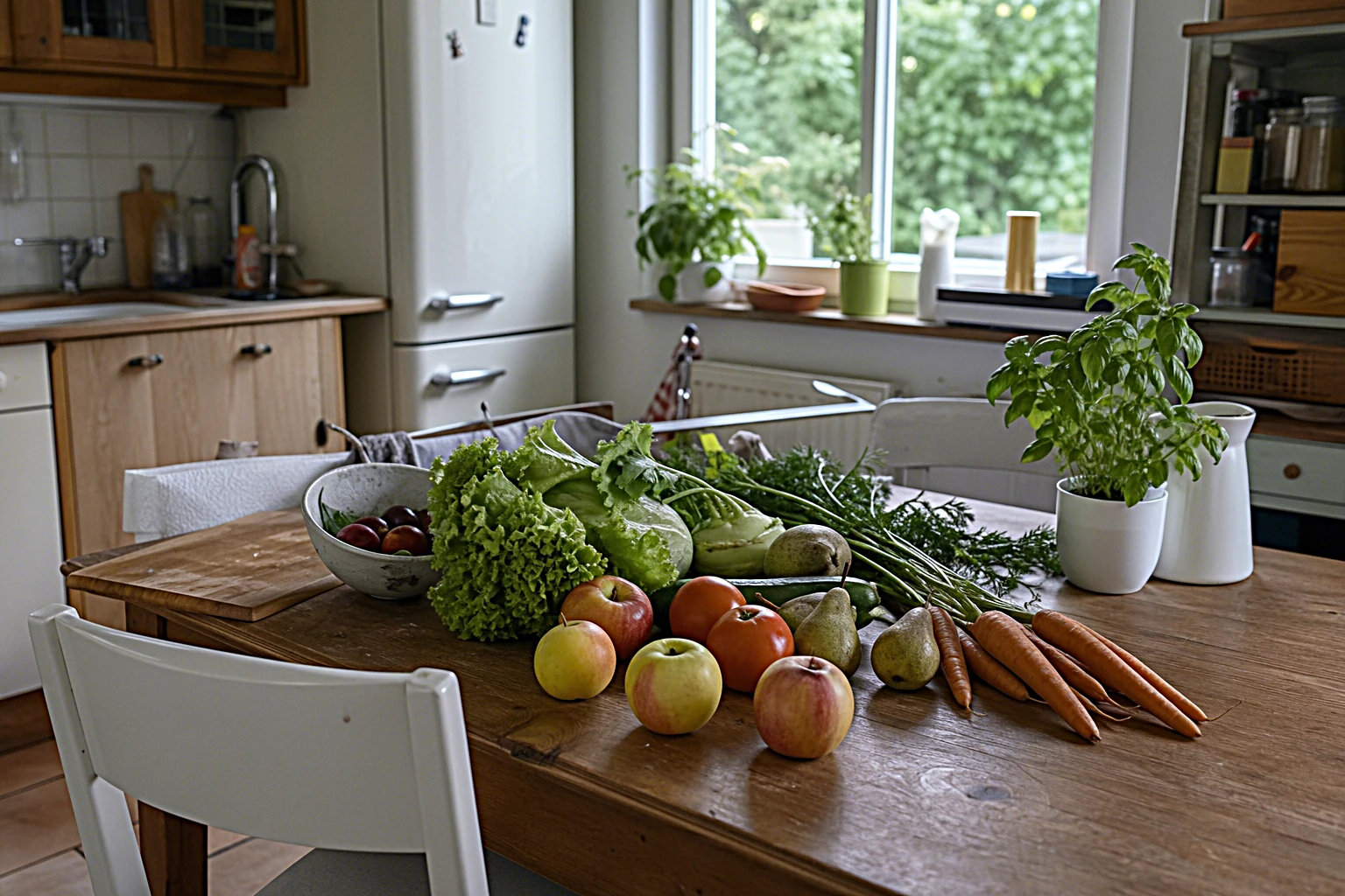 Eine ruhige helle Kueche mit frischem Obst und Gemuese auf dem Tisch, freundliches Tageslicht