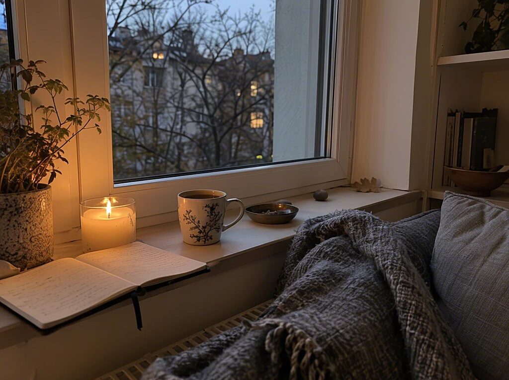 Fensterbank mit Teetasse, Kerze, Notizbuch und Wolldecke in der herbstlichen Abenddämmerung
